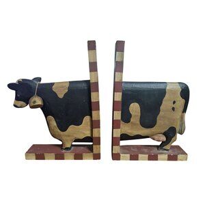 Wooden Cow Bookends Farmhouse Decor 11 in tall 7 in long w/some chips VTG